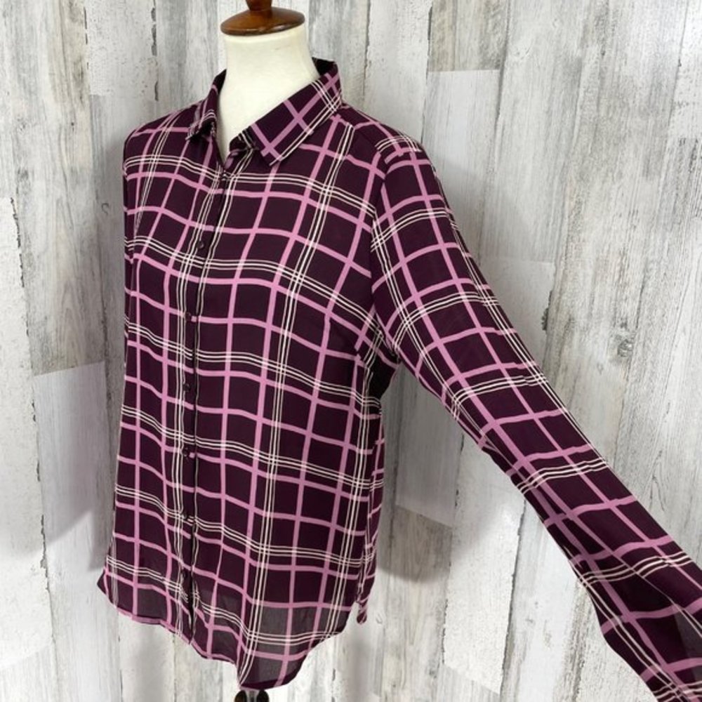 Active USA Women's Purple Plaid Semi Sheer Long Sleeve Button Up Shirt Top Sz L